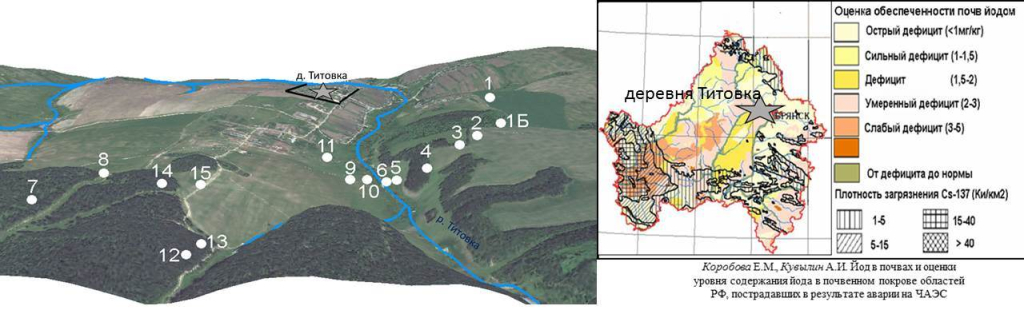 Долины реки Титовка и точки отбора почвенных проб; Местоположение деревни Титовка на карте обеспеченности почв Брянской области йодом