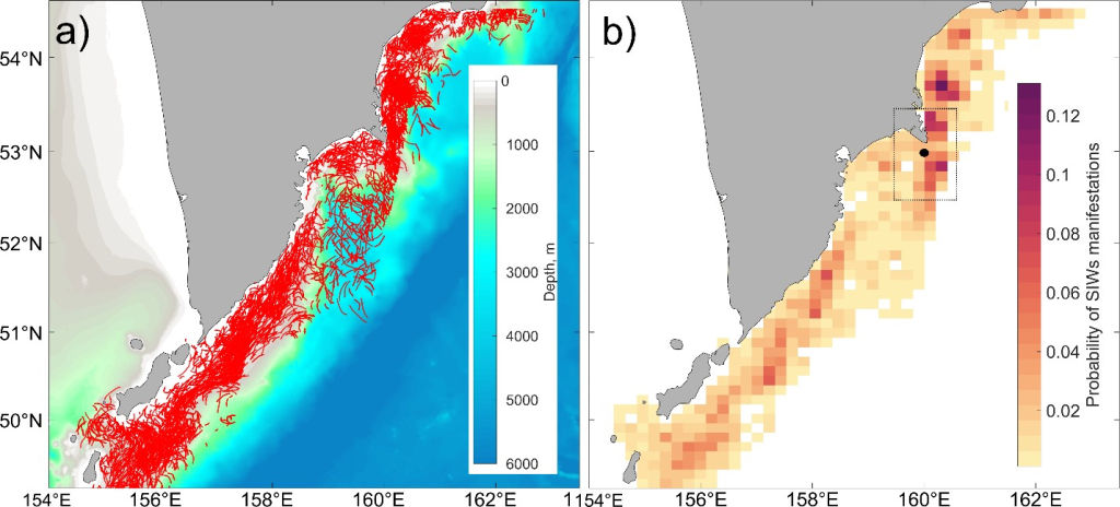 Установлена стабильность районов проявления короткопериодных внутренних волн, что подтверждает выдвинутую ранее гипотезу их приливного происхождения. На карте показано пространственное распределение положений лидирующих гребней проявлений КВВ (а) и их частоты встречаемости (b)