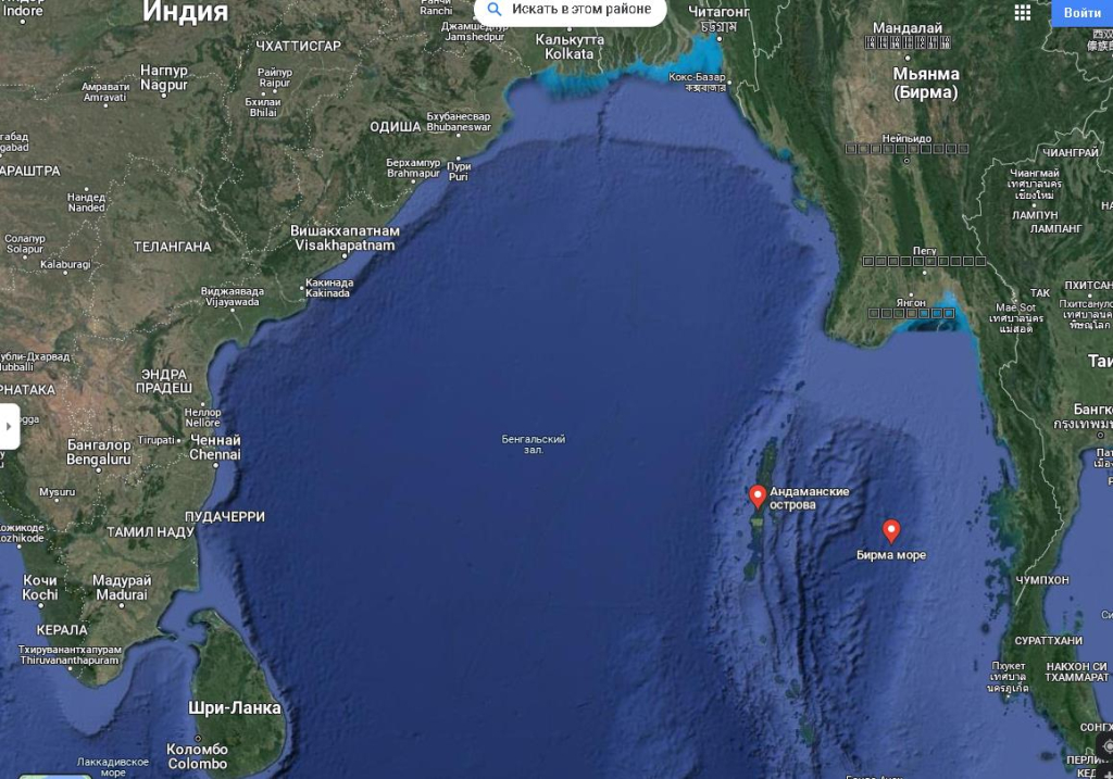 Положение Анадаманских островов на карте Бенгальского залива.