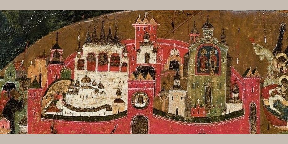 Софийский собор, звонница (слева) и церковь Бориса и Глеба (справа). Фрагмент иконы «Видение пономаря Тарасия», XVI в.