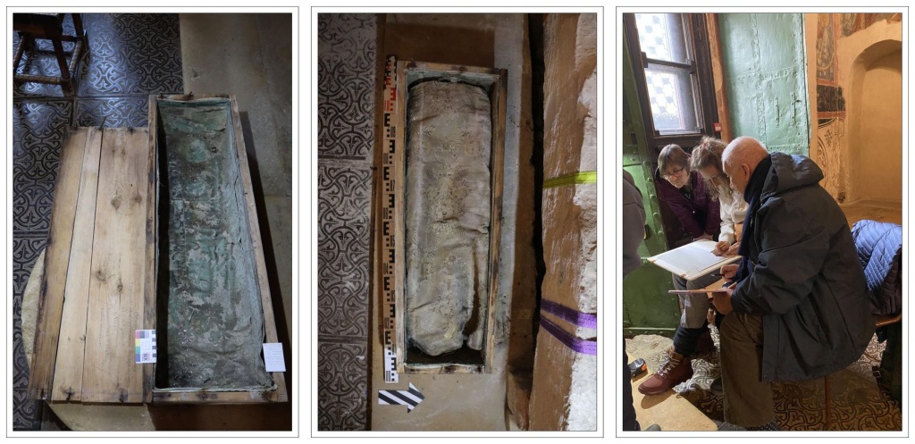 Фото: ИА РАН слева направо: гроб 1945 года, обитый тканью, и доски его крышки с надписью; останки митрополита Иллариона под покровом после вскрытия крышки гроба; специалисты ИА РАН в процессе расчистки погребения