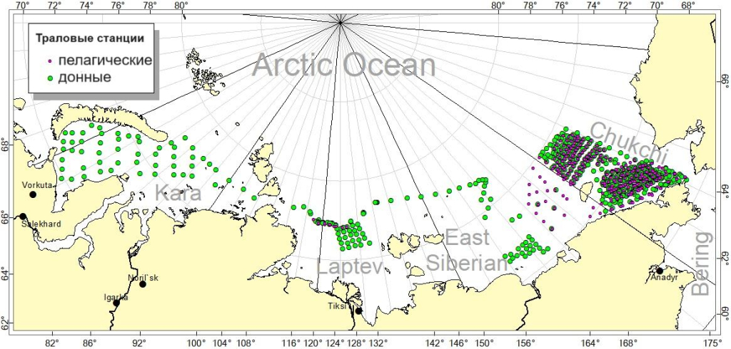 Рис. 2. Расположение точек судовых научных наблюдений в 1977–2020 гг., использованных в анализе поимок бореальных видов рыб в водах Сибирской Арктики
