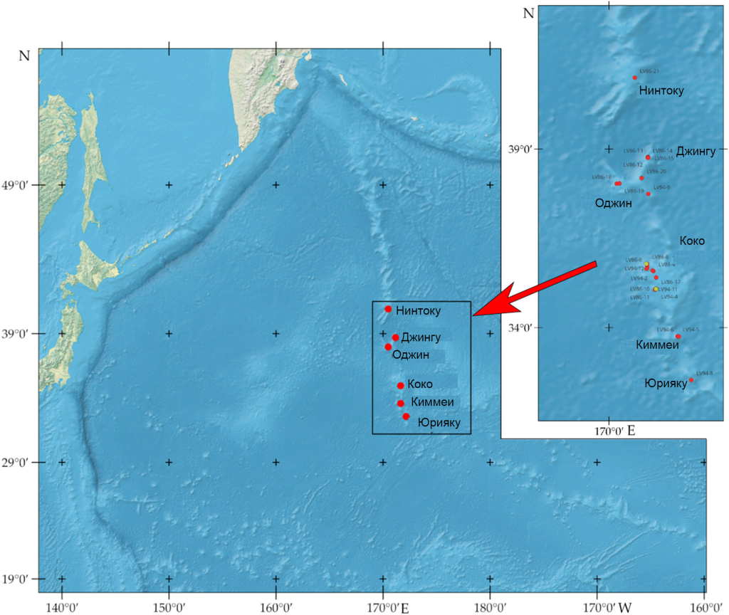 Карта района исследования. Станции, где были обнаружены офиуры, отмечены на карте в правом верхнем углу красными точками