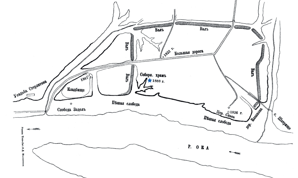 План городища Старой Рязани, составленный А.В. Селивановым по результатам раскопок 1888 г. Место расположения некрополя рядом с Соборным Храмом отмечено звёздочкой