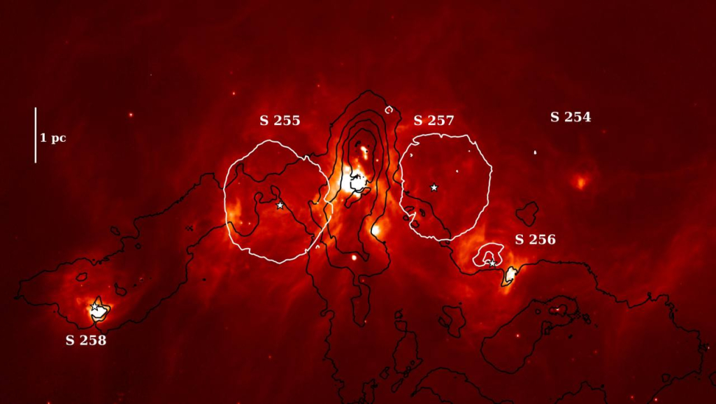 Сборное изображение области звёздообразования S254-258. Цветом показано инфракрасное излучение горячей пыли, чёрные контуры — излучение холодной пыли, белые контуры — очертания ионизованных областей вокруг массивных звёзд