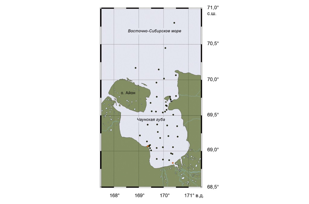 Карта-схема расположения станций отбора проб донных осадков акватории Чаунской губы