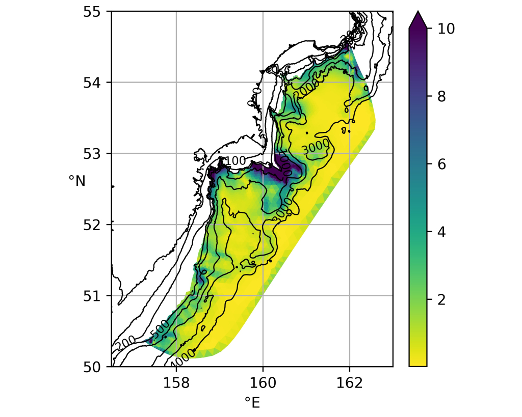 Моделирование прилива показывает локальное усиление течений и сильную изменчивость на особенностях подводного рельефа. Цветная шкала показывает величина колебаний внутреннего прилива (м)