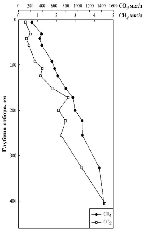 Распределение метана и диоксида углерода по глубине колонки: горизонтальная ось — концентрация газа, мкг/л; вертикальная ось — расстояние до поверхности дна, см