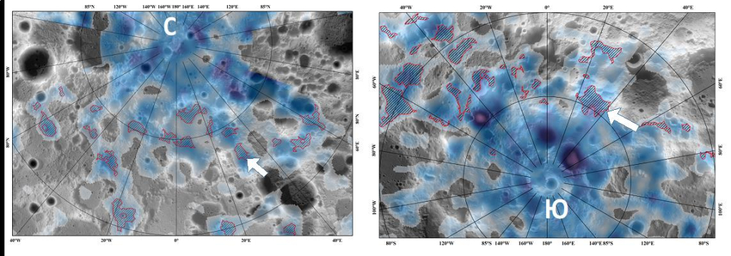 Карты распространённости полярных водных ресурсов по данным измерений российского нейтронного телескопа ЛЕНД на борту исследовательского лунного спутника ЛРО (NASA). Оттенки серого на фоновом изображении отображают рельеф поверхности, оттенки синего цвета соответствуют оценкам массовой доли воды в грунте (тёмно-синий цвет обозначает максимальную величину около 0,5 %). Красные заштрихованные контуры отмечают районы-кандидаты для будущих посадок